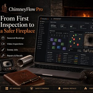 Puede incluir: Un portátil que muestra el software de panel ChimneyFlow Pro, con módulos para reservas estacionales, inspecciones de vídeo, trabajos de barrido y reparaciones. La pantalla muestra un calendario, mapa de rutas y hallazgos de seguridad. Incluye un monitor de cámara, un cuaderno de cuero marrón y cepillos de deshollinado.