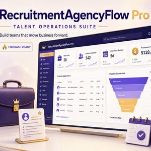 Puede incluir: Un monitor de computadora muestra el panel de RecruitmentAgencyFlow Pro con datos sobre empleos, candidatos y conversión. Junto a él hay un maletín morado, una tarjeta de perfil, un icono de calendario y una diana con una flecha.