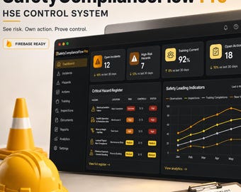 May include: A digital dashboard titled SafetyComplianceFlow Pro displaying HSE control system metrics, including open incidents, high-risk hazards, training percentages, and safety leading indicator line graphs, alongside a yellow hard hat and traffic cone.
