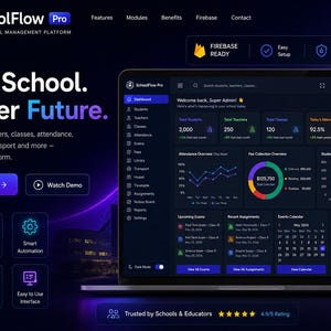 May include: A dark-themed SchoolFlow Pro landing page displaying a school management dashboard on a laptop screen. The interface features data visualizations, attendance metrics, and navigation menus in blue and purple tones on a black background.