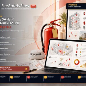 Peut inclure: Un système de tableau de bord FireSafetyFlow Pro avec un extincteur rouge, un détecteur de fumée blanc et un ordinateur portable affichant un logiciel de gestion de sécurité. L'interface inclut le texte Fire Safety Management Simplified et Firebase Ready.