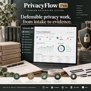 Puede incluir: Un ordenador portátil que muestra la interfaz del panel de control PrivacyFlow Pro con análisis de datos, tendencias de solicitudes y gráficos. Incluye carpetas apiladas etiquetadas como Data Subject Requests, un bolígrafo y un escudo con un candado.