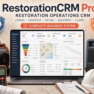May include: A laptop displaying the RestorationCRM Pro dashboard with data on losses, dispatch, drying, equipment, and claims. Surrounding items include an orange air mover, a moisture meter, a blue dehumidifier, a white hard hat, and a job checklist.