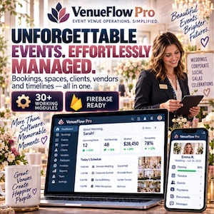 Puede incluir: Una interfaz de software VenueFlow Pro mostrada en una computadora portátil y un teléfono inteligente, con un panel de control con métricas de eventos, horarios y herramientas de gestión. Una taza blanca con texto se encuentra cerca.