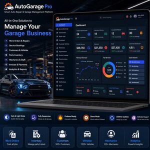 以下が含まれることがあります： AutoGarage Proのダッシュボードインターフェースを表示するノートパソコン。ダークモードの分析、サービス予約、収益チャートが特徴です。画面には「Manage Your Garage Business」、作業指示書、修理工場の様々な指標などのテキストが表示されています。