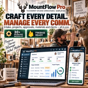Peut inclure: Un ordinateur portable et un smartphone affichant l'interface du logiciel de gestion de studio de taxidermie MountFlow Pro. Les écrans montrent des tableaux de bord de projets, des plannings et des formulaires. Un mug blanc porte le texte Taxidermy Preserves Tomorrow.