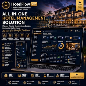 以下が含まれることがあります： HotelFlow Proホテル管理ソリューションのダッシュボードを表示するノートパソコンとスマートフォン。ゴールドのアクセントを配したダークモードのインターフェースには、客室稼働率、収益、予約データが表示されています。