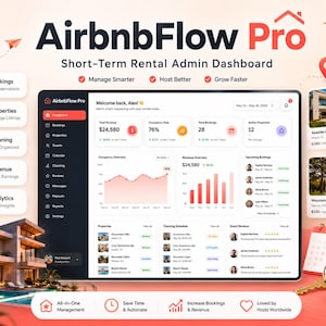 May include: The AirbnbFlow Pro short-term rental admin dashboard interface displays analytics, revenue, occupancy rates, and booking management tools. The screen features a dark sidebar, white data panels, and graphical charts for property management.