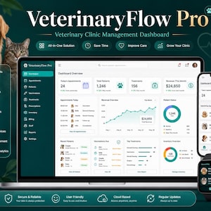 Könnte beinhalten: VeterinaryFlow Pro Dashboard zur Verwaltung von Tierarztpraxen auf einem Laptop, Smartphone und einer Smartwatch. Die Benutzeroberfläche zeigt Termine, Patientendaten, Umsatzdiagramme und Behandlungsverläufe. Ein Hund und eine Katze sind zu sehen.