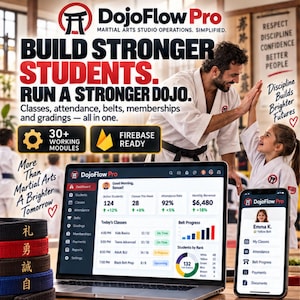 Può includere: Una pubblicità digitale per il software DojoFlow Pro che mostra un computer portatile e uno smartphone con una dashboard per studi di arti marziali, con un istruttore e un allievo che si battono il cinque sullo sfondo.