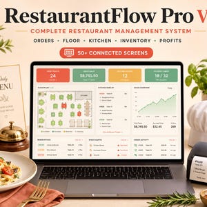 May include: A laptop displaying the RestaurantFlow Pro V2 management system dashboard with metrics for orders, floor plans, kitchen displays, and inventory. The screen shows 24 open tickets, sales data, and a thermal receipt printer sits nearby.