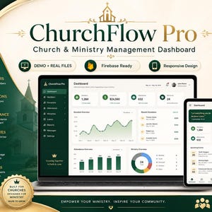 May include: ChurchFlow Pro church and ministry management dashboard software displayed on a laptop and tablet screen. The interface features data analytics, member tracking, donation summaries, and event calendars in a dark green and white theme.