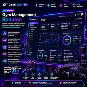 以下が含まれることがあります： ジム管理ソフトウェアGymFlow Proのデジタルダッシュボードインターフェース。分析、メンバー指標、収益データが表示されています。ダークテーマのディスプレイには、ネオンブルーとパープルのアクセント、黒いダンベル、シェイカーボトルが含まれています。