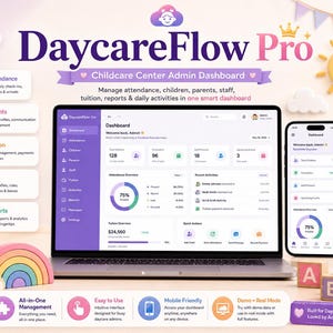 Puede incluir: Panel de administración de guardería DaycareFlow Pro mostrado en una computadora portátil y un teléfono inteligente. La interfaz presenta módulos de asistencia, padres, matrícula, personal e informes con gráficos, datos y botones en morado y blanco.