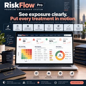 Puede incluir: Un ordenador portátil que muestra el panel de control RiskFlow Pro, un sistema de gestión de riesgos. La pantalla presenta visualizaciones de datos, incluyendo un mapa de calor de riesgos, una tabla de registro de riesgos y un gráfico de estado. La interfaz incluye métricas de riesgos abiertos, riesgos críticos y controles probados.