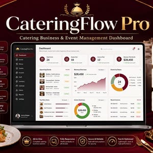 May include: A laptop screen displaying the CateringFlow Pro dashboard, a catering business and event management software. The interface features data visualisations, including charts and tables for events, revenue, invoices, and inventory management.