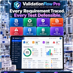 Puede incluir: Un panel de control digital para el software ValidationFlow Pro que muestra métricas de gestión de validación de sistemas y equipos, incluyendo gráficos de progreso y una lista de ejecuciones de pruebas en una pantalla de portátil.