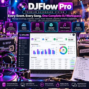 May include: A digital dashboard interface titled DJFlow Pro displayed on a laptop screen, featuring event management tools, revenue charts, and booking data. The interface includes icons for calendars, music requests, and playlists, set against a dark background.