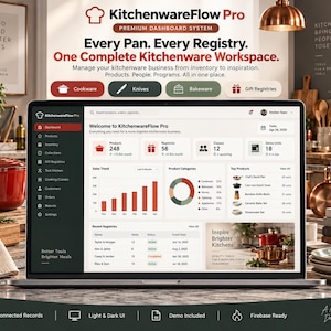Op de afbeelding: Een laptopscherm met de interface van het KitchenwareFlow Pro dashboard. De software bevat een donkere zijbalk, een centraal gedeelte met verkoopgrafieken, diagrammen voor productcategorieën en een lijst met recente registers.
