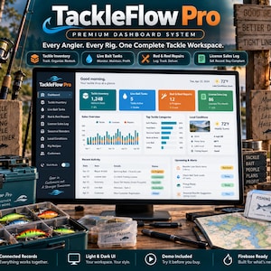 Puede incluir: Un monitor de computadora que muestra el software de panel TackleFlow Pro, con módulos de seguimiento de inventario, tanques de cebo y reparaciones. La pantalla muestra gráficos de datos, clima y registros de actividad. Rodeado de cajas de aparejos, señuelos, un mapa y una taza.