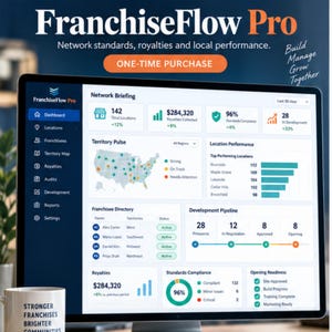May include: A computer monitor displaying the FranchiseFlow Pro dashboard software. The screen shows data analytics, including a map of the United States, location performance charts, a franchisee directory, and development pipeline metrics.