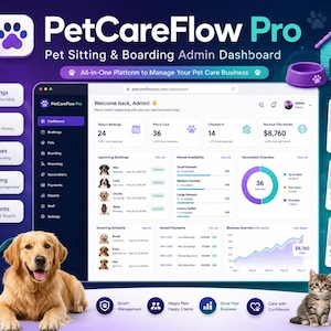 May include: A digital dashboard interface titled PetCareFlow Pro for pet sitting and boarding management. The screen displays analytics, booking schedules, and pet profiles. Surrounding the interface are icons, a dog, a cat, and a puppy.