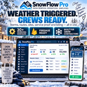 Peut inclure: Un ordinateur portable et un smartphone affichant l'interface du logiciel SnowFlow Pro pour le déneigement. Les écrans présentent des tableaux de bord avec alertes météo, suivi d'itinéraires et données de répartition. Un gobelet est posé dans la neige.