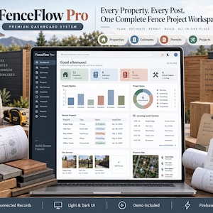 Op de afbeelding: Een laptop met de FenceFlow Pro dashboard-interface, voorzien van projectbeheertools, staafdiagrammen en statustabellen. Het scherm toont tekst zoals Good afternoon, Project Pipeline en Recent Projects naast afbeeldingen van locatieonderzoeken.