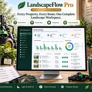 Puede incluir: Un monitor de computadora que muestra la interfaz del panel de control LandscapeFlow Pro con gráficos de datos, listas de propiedades y horarios de rutas. La pantalla muestra texto que incluye Good morning, Properties y Scheduled Visits.