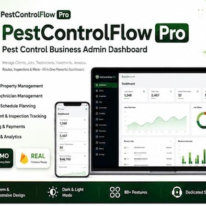 May include: A PestControlFlow Pro business admin dashboard displayed on a laptop and smartphone screen. The interface features green and dark grey colour schemes, showing data charts, job status, and client management tools with text labels.