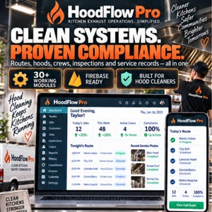 Puede incluir: Un ordenador portátil y un smartphone que muestran la interfaz del software HoodFlow Pro, con un panel de control de rutas de trabajo, métricas de cumplimiento y fotos. Al fondo, una furgoneta y un trabajador con uniforme.