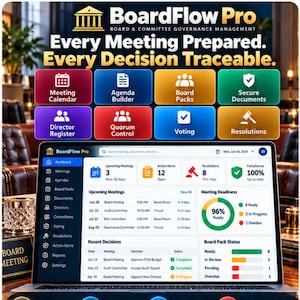 Op de afbeelding: Een laptopscherm toont het BoardFlow Pro-dashboard met een navigatiebalk en gegevenswidgets voor vergaderingen, actiepunten en besluiten. Boven het scherm staan acht kleurrijke iconen die functies zoals de vergaderkalender en stemmingen weergeven.