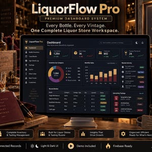 Może przedstawiać: Monitor komputerowy wyświetlający system pulpitu nawigacyjnego LiquorFlow Pro dla sklepów monopolowych. Ekran pokazuje zapasy, wykresy sprzedaży miesięcznej, ostatnią aktywność i nadchodzące degustacje w ciemnym interfejsie.
