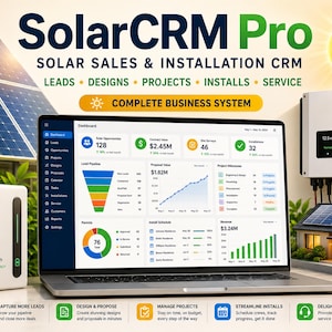 Könnte beinhalten: Ein Laptop mit dem SolarCRM Pro Dashboard, einem System für Solarvertrieb und Installation. Der Bildschirm zeigt Daten zu Projekten und Umsatz. Um den Laptop herum sind Solarmodule, ein 10,0 kWh Stromspeicher und ein Wechselrichter zu sehen.
