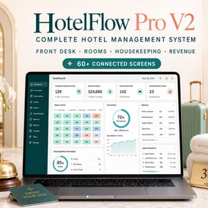 Op de afbeelding: Een laptop met het dashboard van het HotelFlow Pro V2 hotelbeheersysteem, met statistieken voor reserveringen, omzet, kamerinventaris en huishoudelijke taken. Het scherm toont een overzicht van kamerstatussen en bezettingsgrafieken.