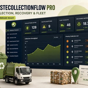WasteCollectionFlow Pro – Instrumentpanel för avfallsinsamling och återvinningsvägar, Firebase HTML-app