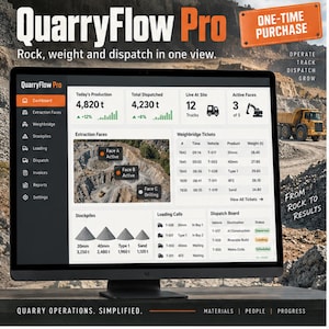May include: A computer monitor displaying the QuarryFlow Pro software dashboard, featuring real-time data on production, dispatch, and site operations. The interface includes charts, tables, and a map view of quarry faces, with text overlays.
