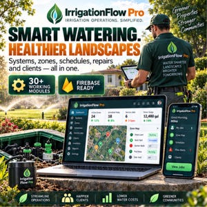 May include: A laptop and smartphone displaying the IrrigationFlow Pro software dashboard, featuring zone maps, service jobs, and water usage data. The screen shows text including Smart Watering, Healthier Landscapes, and 30+ Working Modules.