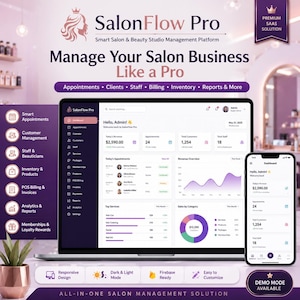 Op de afbeelding: Een SalonFlow Pro software-interface weergegeven op een laptop- en smartphonescherm. Het dashboard toont bedrijfsstatistieken, omzet, afspraken en klantgegevens. Tekst bevat SalonFlow Pro, Manage Your Salon Business Like a Pro, en functies zoals Appointments, Clients, Staff, Billing, Inventory en Reports.