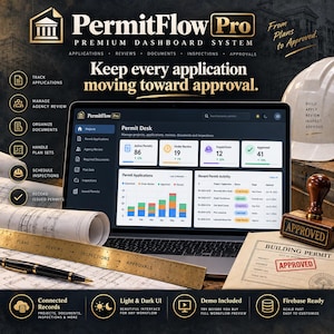 Könnte beinhalten: Ein Laptop zeigt das PermitFlow Pro Dashboard-System mit Datendiagrammen, Genehmigungsstatus-Metriken und Menüs. Das Bild enthält einen weißen Bauhelm, einen Holzstempel mit der Aufschrift APPROVED, ein Baugenehmigungsdokument und ein Metalllineal.
