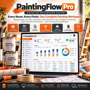 Może przedstawiać: Laptop z oprogramowaniem panelu sterowania PaintingFlow Pro, zawierającym wykresy, potoki zadań i dane klientów. Ekran wyświetla tekst, w tym PaintingFlow Pro, Active Leads, Site Visits, Active Jobs i Revenue. Interfejs jest otoczony przyborami malarskimi, takimi jak puszki z farbą, pędzle i plany.