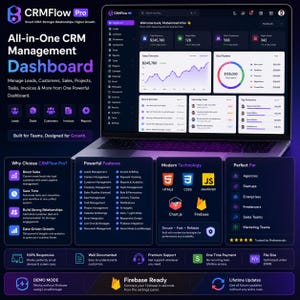 May include: A laptop displaying the CRMFlow Pro dashboard interface, featuring data visualisation charts, sales metrics, and task management modules. The screen shows a dark-themed UI with purple accents, listing features, technology stacks, and benefits.