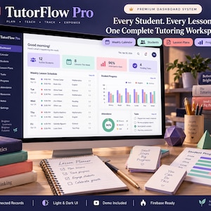 Puede incluir: Un monitor de computadora muestra el panel de control de TutorFlow Pro, con un horario semanal de lecciones, gráficos de progreso estudiantil y datos de asistencia. El espacio de trabajo incluye un planificador, libros y tazas.