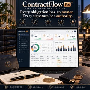 Könnte beinhalten: Ein Laptop zeigt das ContractFlow Pro Dashboard mit Datenvisualisierungen, Diagrammen zum Vertragsstatus und einer Liste aktueller Vereinbarungen. Auf dem Bildschirm ist der Text ContractFlow Pro sowie Premium Dashboard System zu sehen.