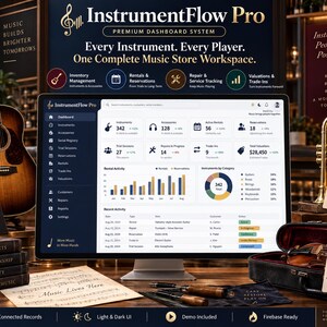 Puede incluir: Un monitor de computadora muestra el sistema de panel InstrumentFlow Pro, con seguimiento de inventario, alquileres y reparaciones. La pantalla presenta gráficos y listas. Una guitarra acústica, una trompeta y un estuche de violín están cerca.