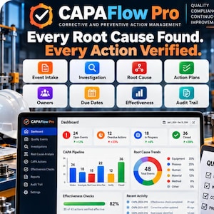 Könnte beinhalten: Ein digitales Dashboard für die CAPAFlow Pro-Software zur Anzeige von Kennzahlen für Korrektur- und Vorbeugungsmaßnahmen. Der Bildschirm zeigt ein CAPA-Pipeline-Balkendiagramm, ein Kreisdiagramm für Ursachenanalysen sowie Statusanzeigen für Ereignisse.