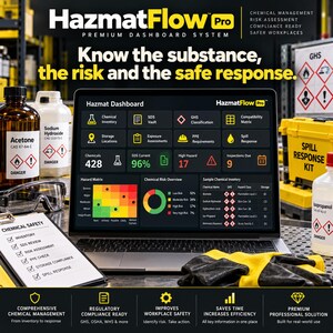 Könnte beinhalten: Ein Laptop mit dem HazmatFlow Pro Dashboard-System, das chemische Bestandslisten, Risikobewertungen und GHS-Konformitätsdaten anzeigt. Zu den umliegenden Gegenständen gehören eine bernsteinfarbene Acetonflasche, eine weiße Natriumhydroxidflasche, eine Schutzbrille, ein Klemmbrett mit einer Checkliste für chemische Sicherheit und ein gelbes Notfallset für Verschüttungen.