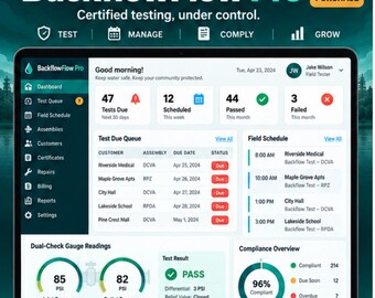 BackflowFlow Pro — Complete Backflow Testing Operations Command Center | Route, Compliance & Assembly Control | Firebase Software