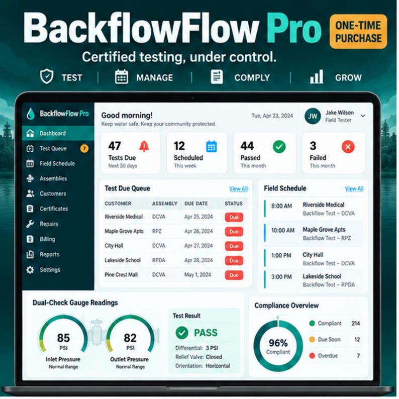 May include: A laptop screen displaying the BackflowFlow Pro software dashboard. The interface shows a test queue, field schedule, dual-check gauge readings with 85 PSI and 82 PSI, and a compliance overview. Text includes 'Certified testing, under control.'