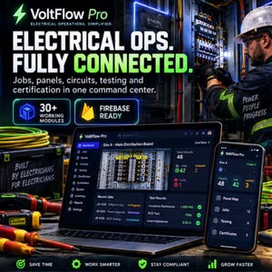 Op de afbeelding: VoltFlow Pro software-interface weergegeven op een laptop en smartphone, met gegevens over het elektrische verdeelbord, de status van circuits en testresultaten. Het scherm bevat de tekst VoltFlow Pro, Electrical Ops, Fully Connected en Firebase Ready.